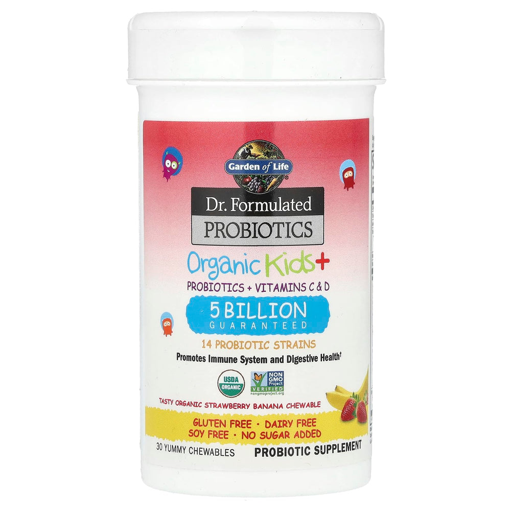 Garden of Life Kids Probiotics 15 probiotic strains label highlights gut health benefits.