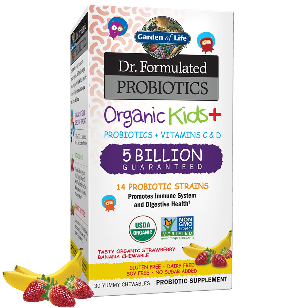 Garden of Life Kids Probiotics bottle featuring Strawberry Banana flavor supports kid-friendly digestive balance.