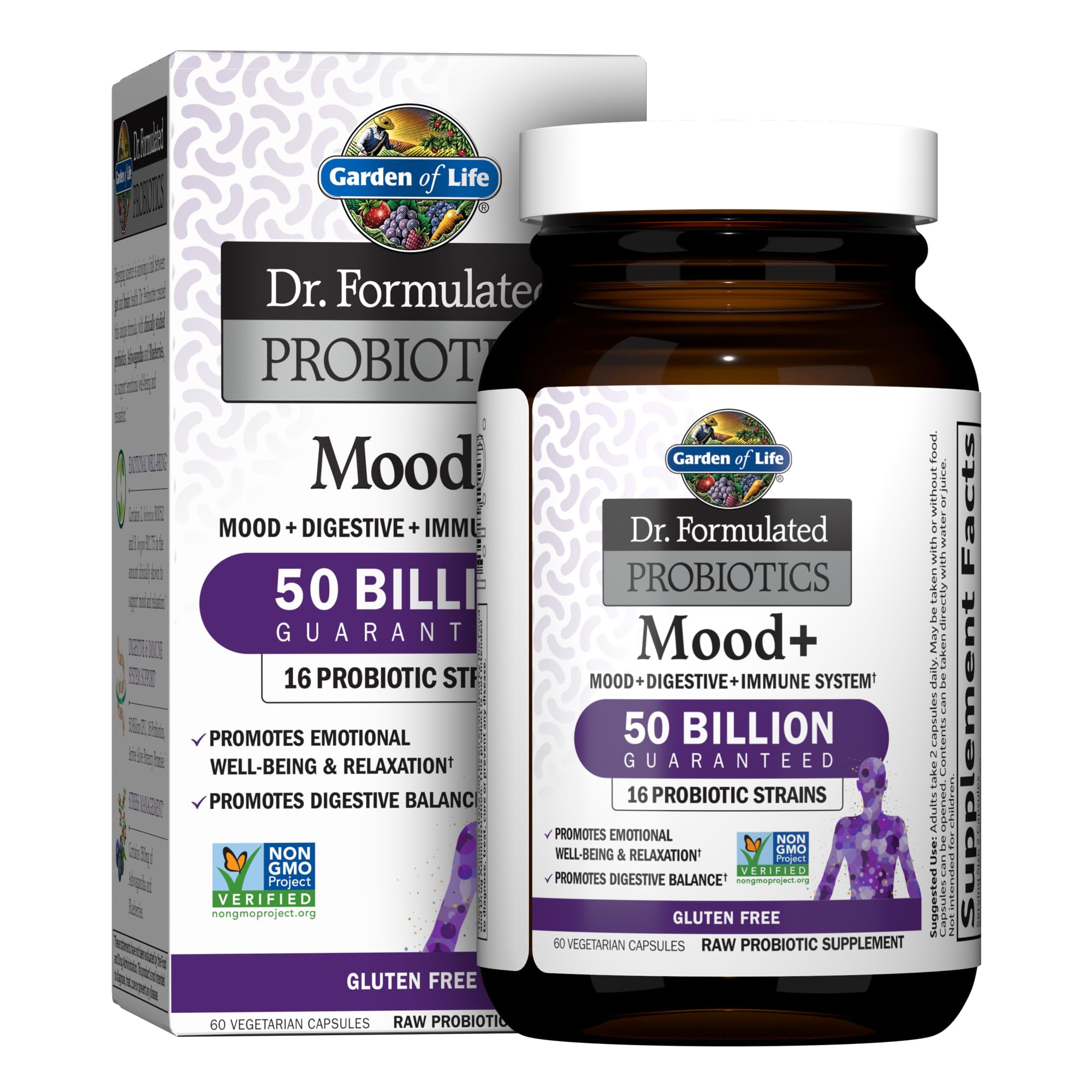 Garden of Life Mood+ bottle front highlighting mood support and digestive balance.