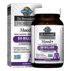 Garden of Life Mood+ bottle front highlighting mood support and digestive balance.