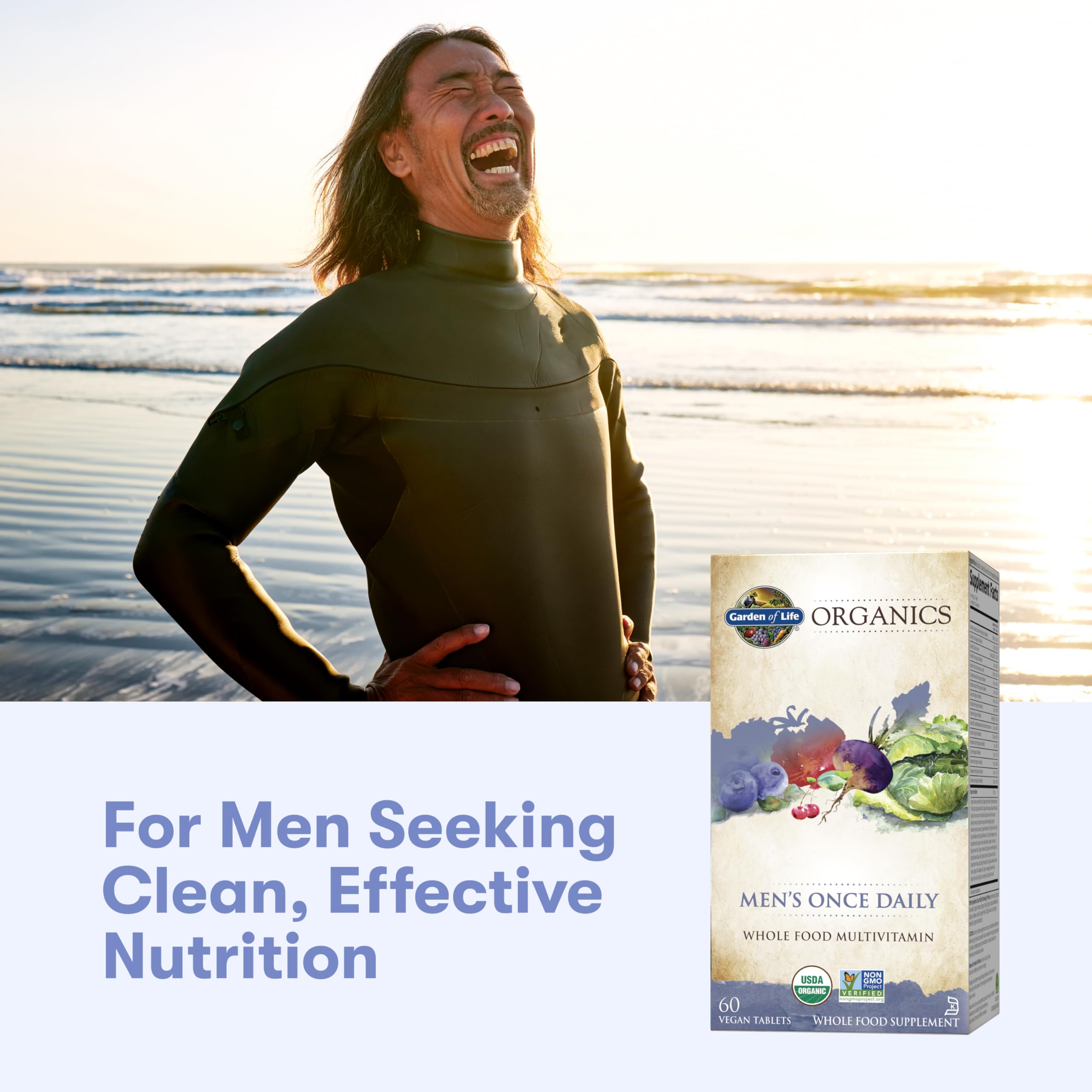 Morning scene with Garden of Life Once Daily Men's Multivitamin supporting energy and metabolism.