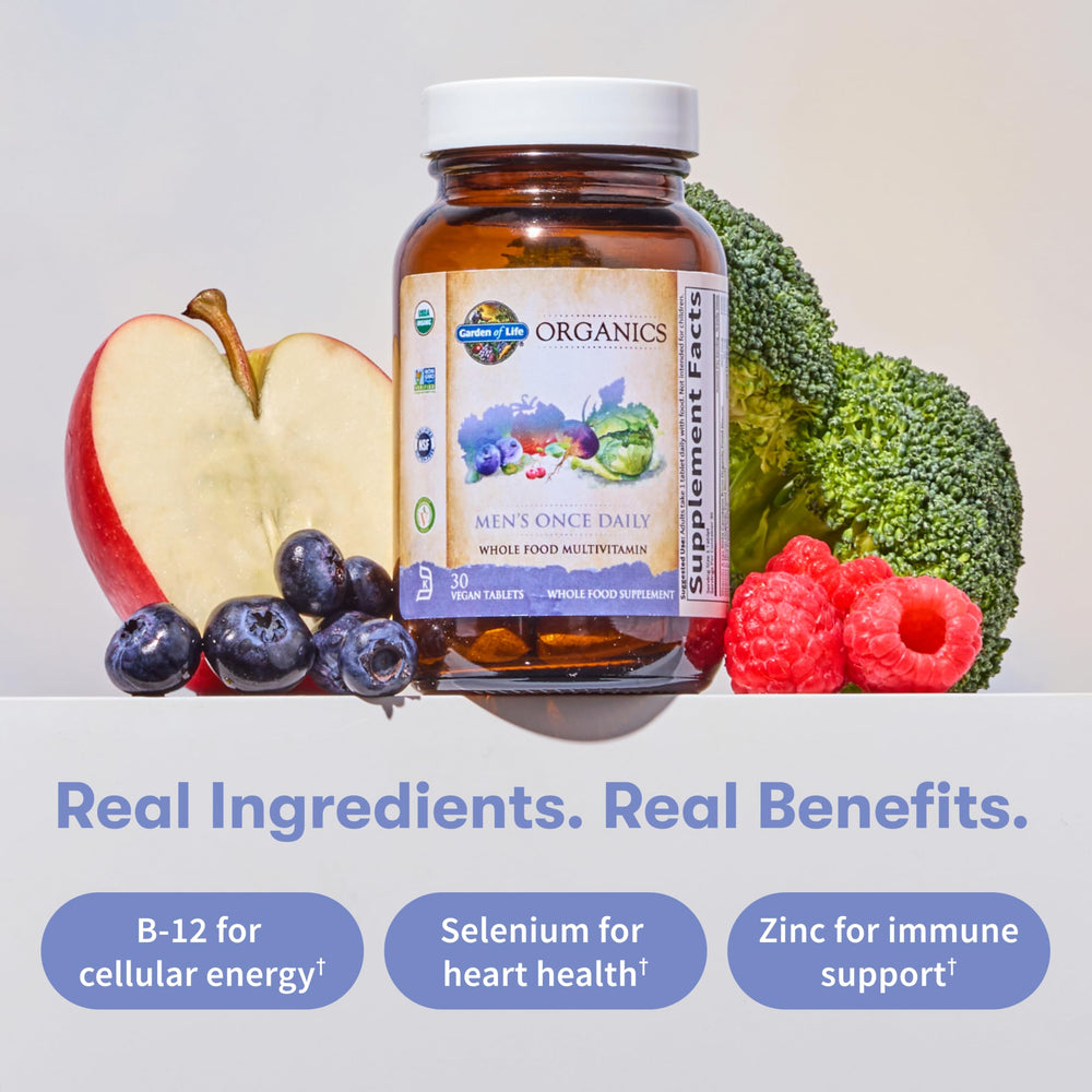 Close-up of Garden of Life Once Daily Men's Multivitamin tablet highlighting vegan, clean formula.