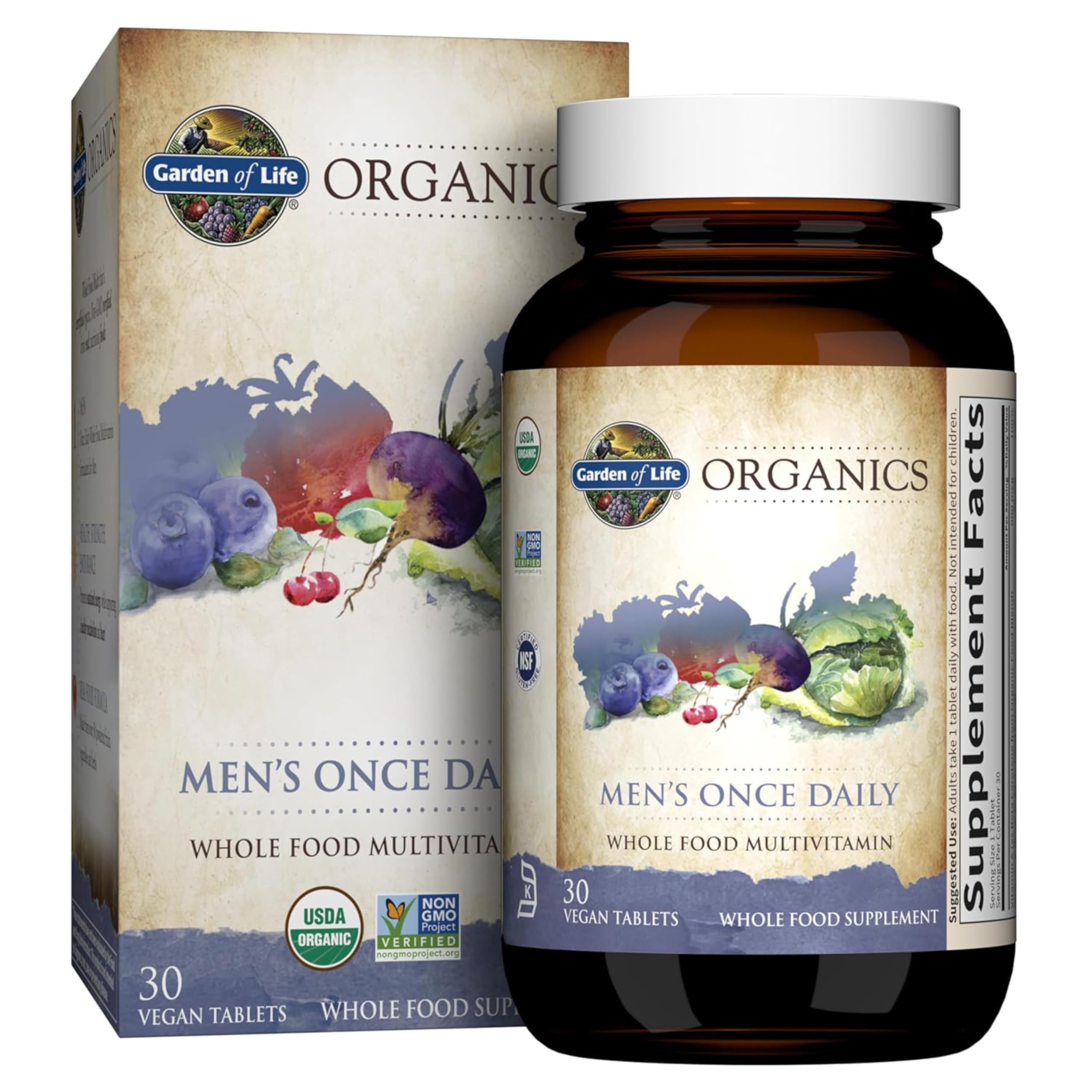 Garden of Life Once Daily Men's Multivitamin tablet close-up for daily energy support.