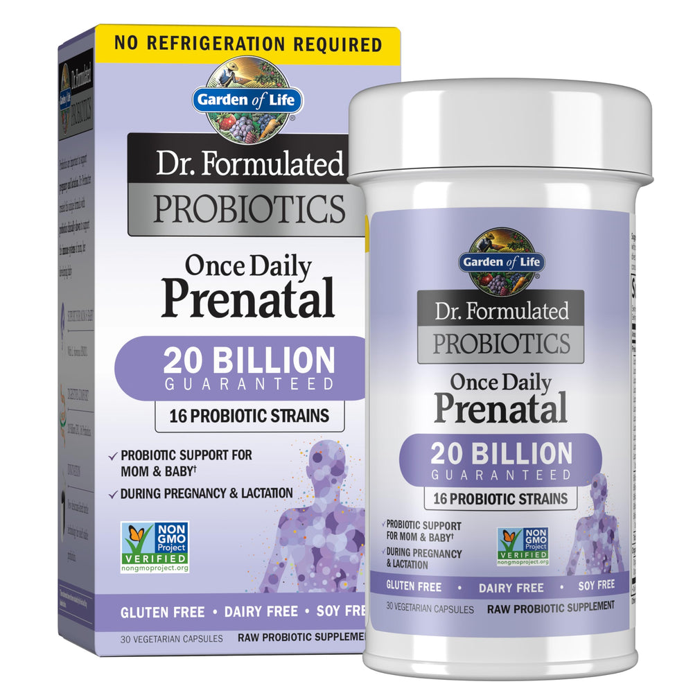 Garden of Life Once Daily Prenatal probiotic label supports prenatal gut balance.