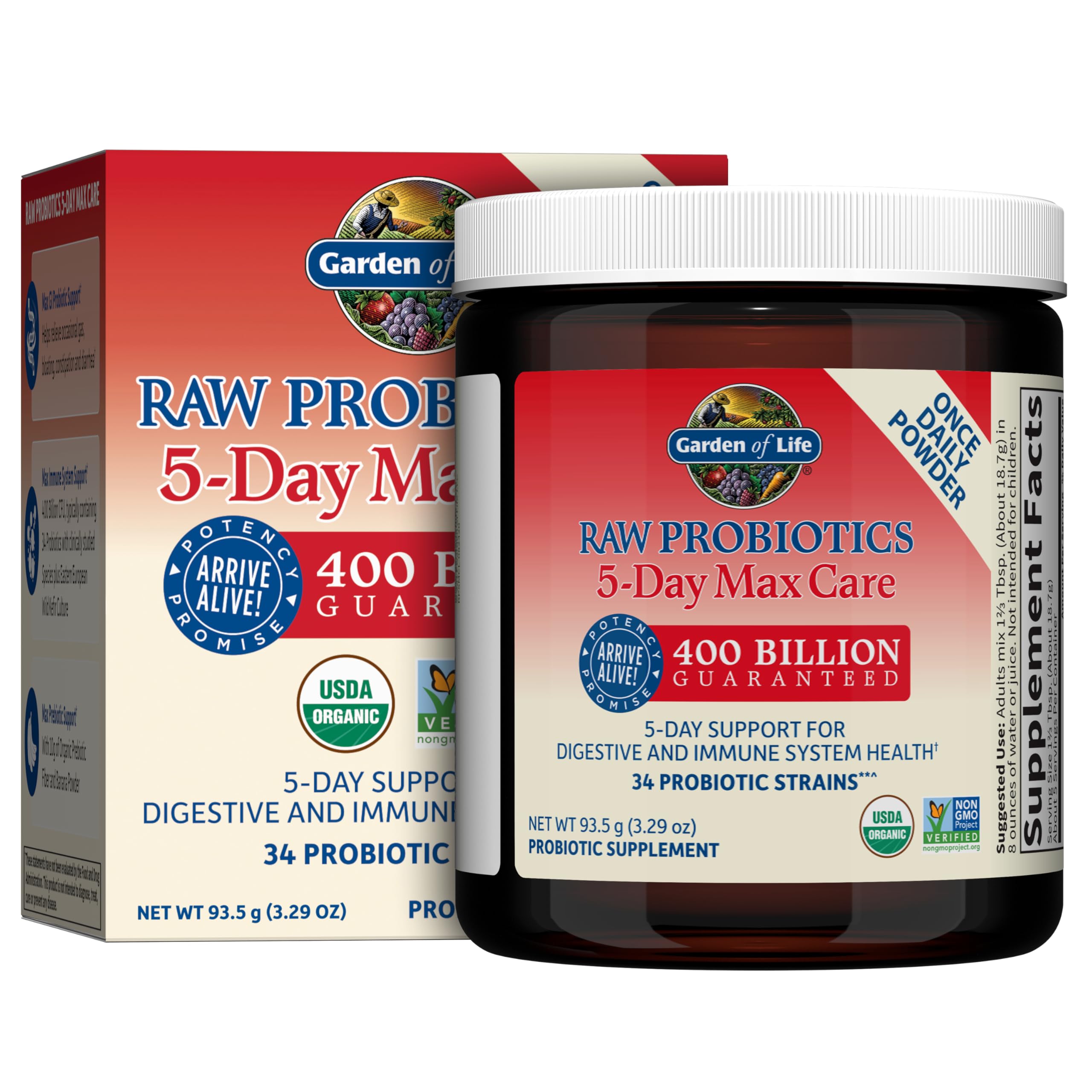 Garden of Life probiotic powder bottle with banana flavor for digestive support.