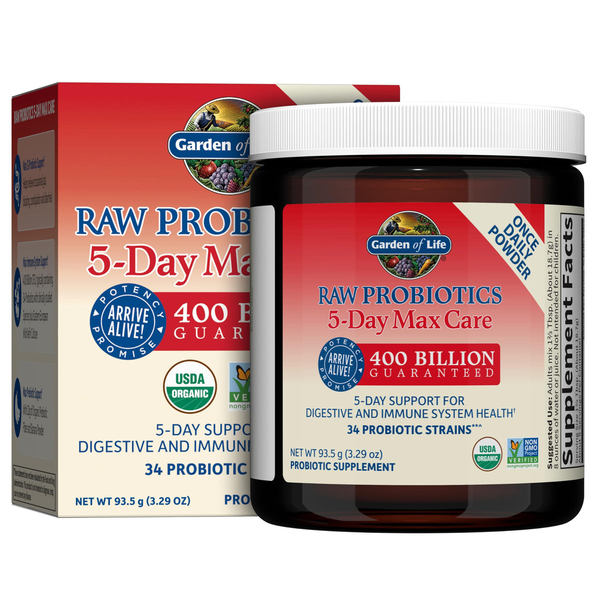Garden of Life probiotic powder bottle with banana flavor for digestive support.