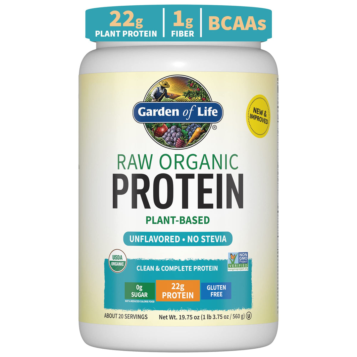 Garden of Life Organic Vegan Protein Powder bottle on shelf highlights plant-based nutrition