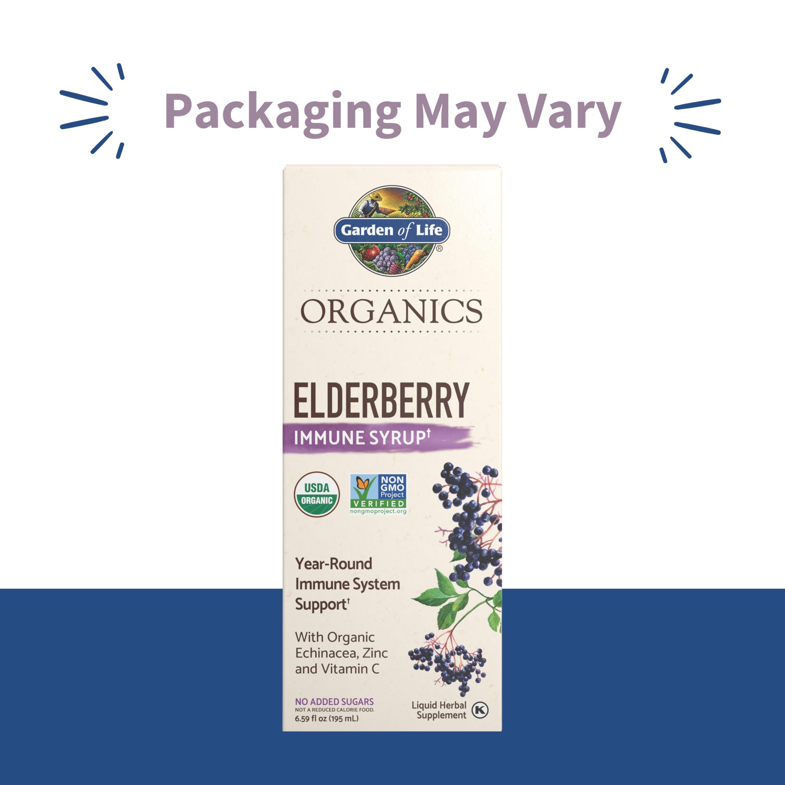 Close-up of the label on Garden of Life Organics Elderberry Immune Syrup showing certifications