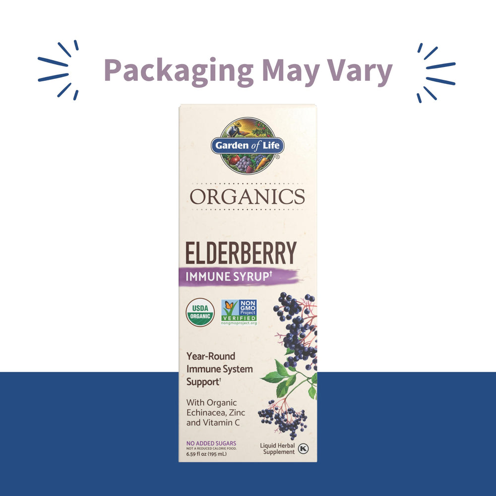 Close-up of the label on Garden of Life Organics Elderberry Immune Syrup showing certifications