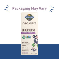 Close-up of the label on Garden of Life Organics Elderberry Immune Syrup showing certifications