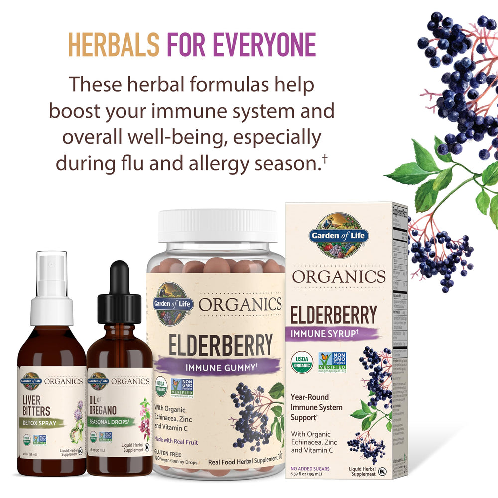 Packaging and bottle of Garden of Life Organics Elderberry Immune Syrup on shelf