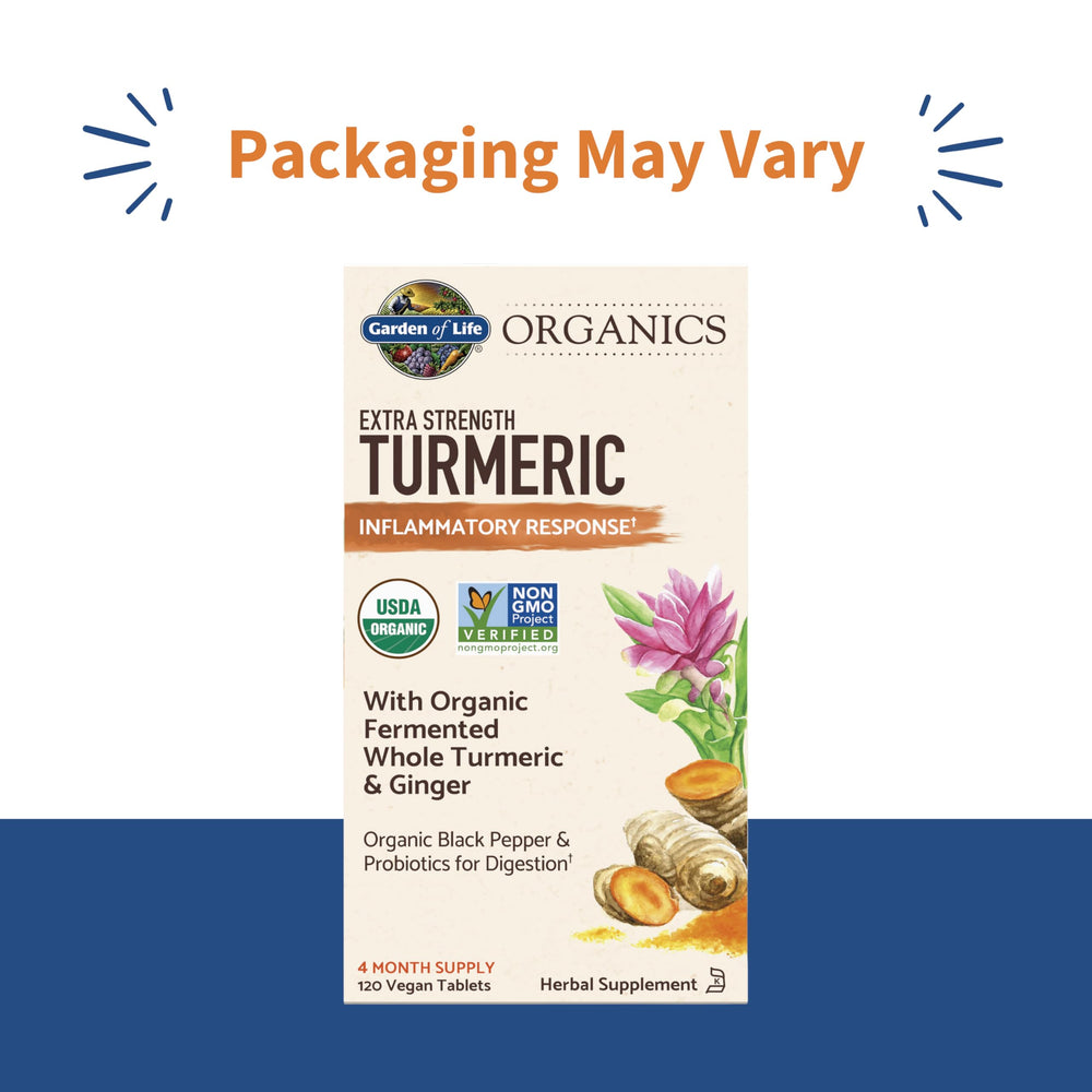 Garden of Life Organic Turmeric tablets close-up highlighting potency