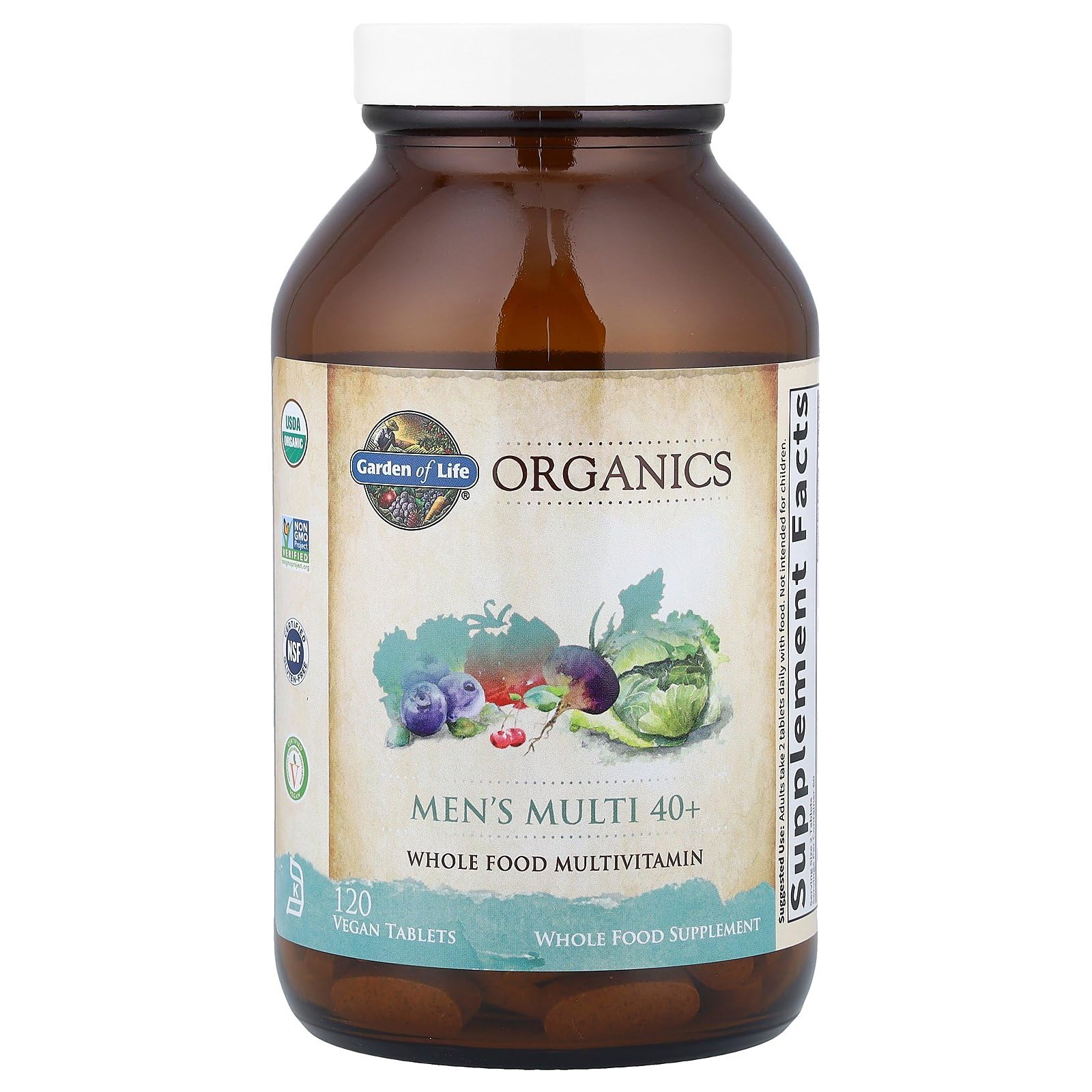 Open bottle of Garden of Life Organics Men’s Multi 40+ for easy dosing