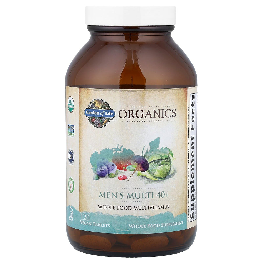 Open bottle of Garden of Life Organics Men’s Multi 40+ for easy dosing