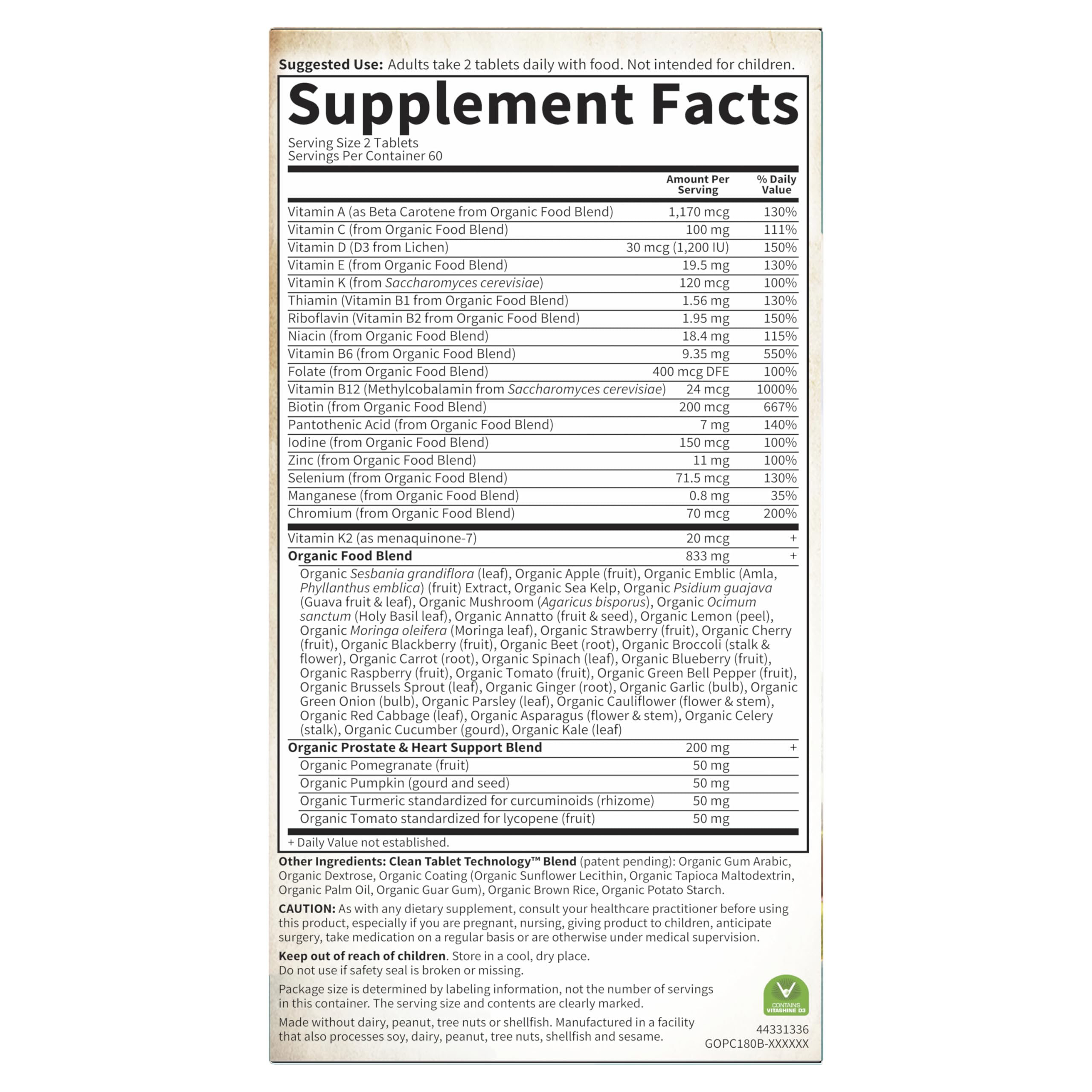 Nutrition facts panel highlights 16 vitamins and minerals in Garden of Life Organics Men’s Multi 40+