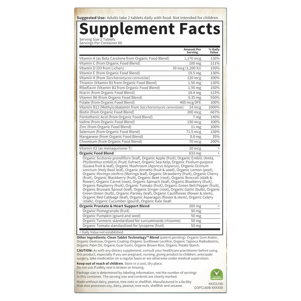Nutrition facts panel highlights 16 vitamins and minerals in Garden of Life Organics Men’s Multi 40+