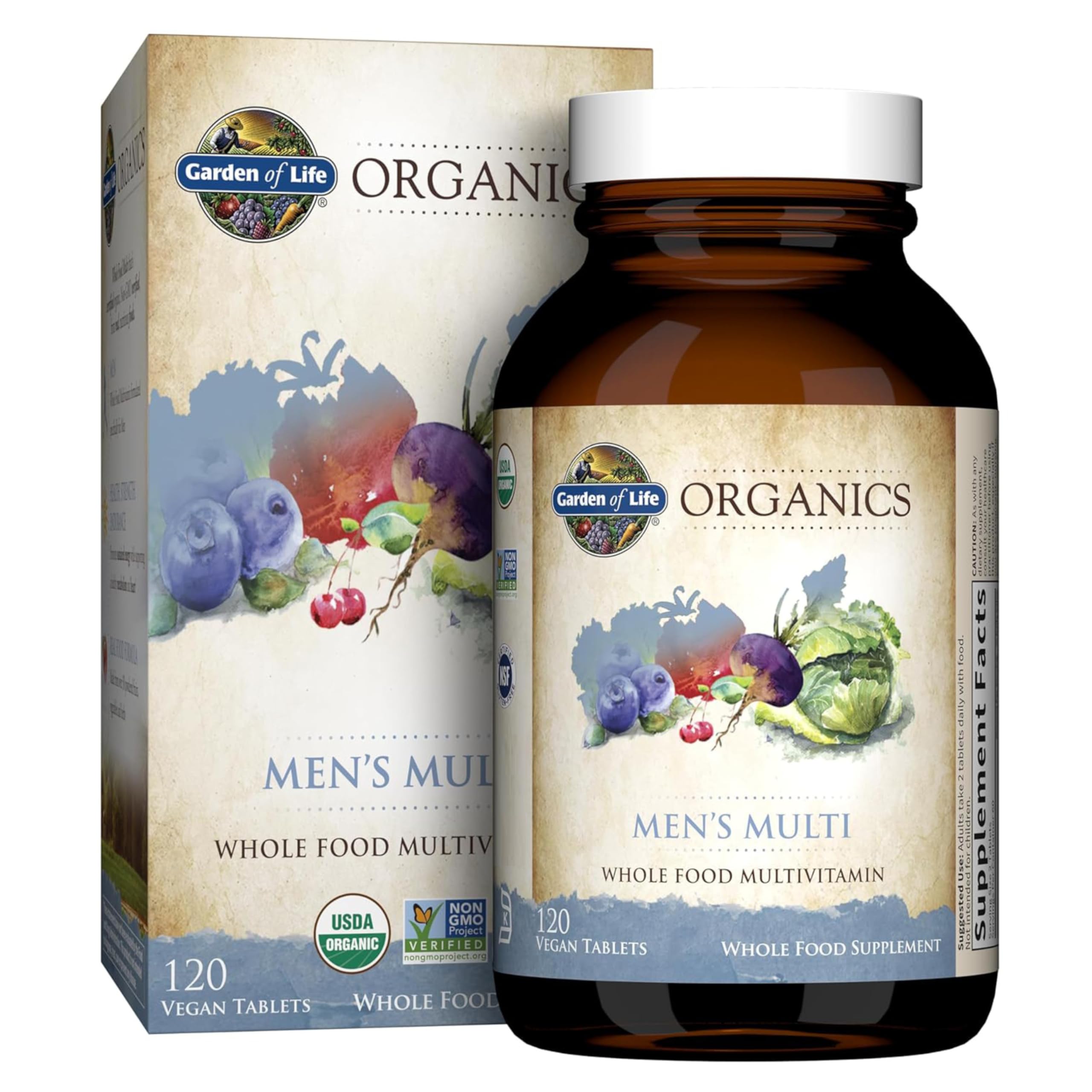 Garden of Life Organics Men’s Multi front label highlighting organic, vegan nutrition