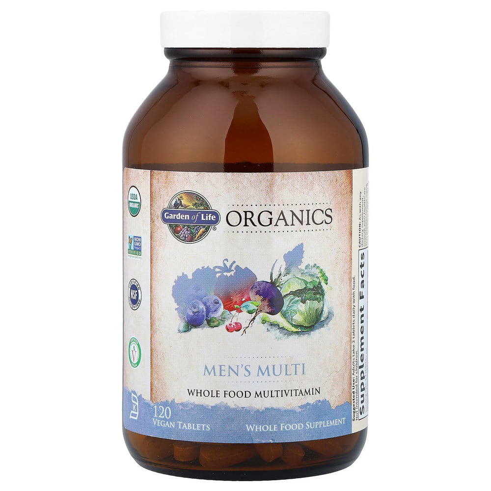 Two easy-to-swallow Garden of Life Organics Men’s Multi tablets for daily use