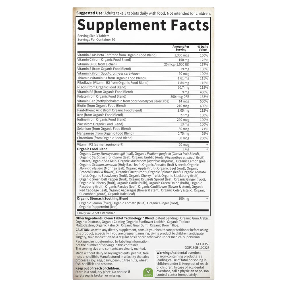 Garden of Life Organics Prenatal bottle showing 60-day supply information.