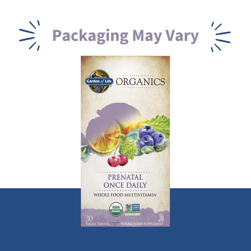 Garden of Life Organics Prenatal bottle shown for daily use.