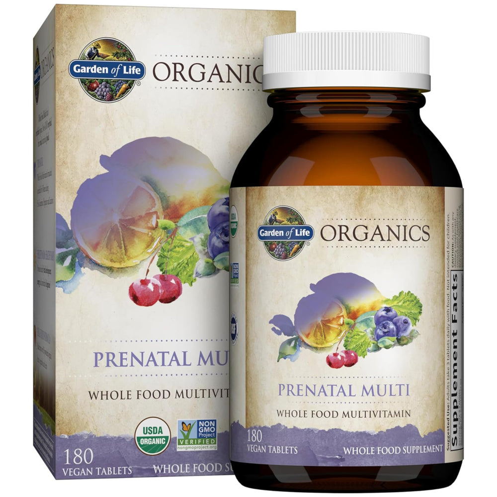 Garden of Life Organics Prenatal bottle front view showing organic vegan prenatal support.