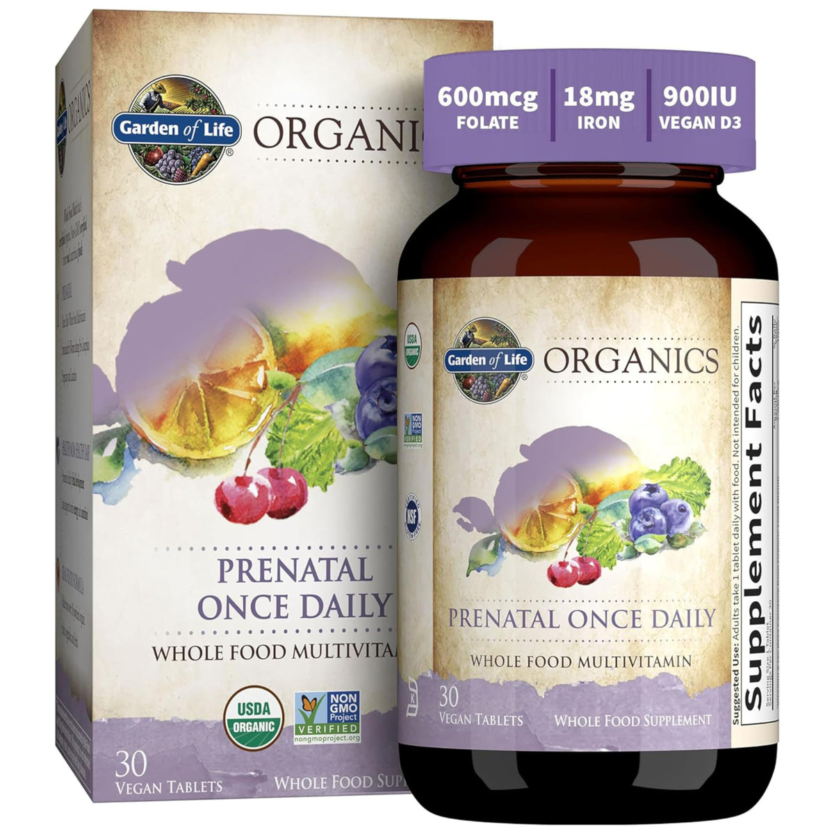 Garden of Life Organics Prenatal tablet close-up, easy-to-swallow formula.