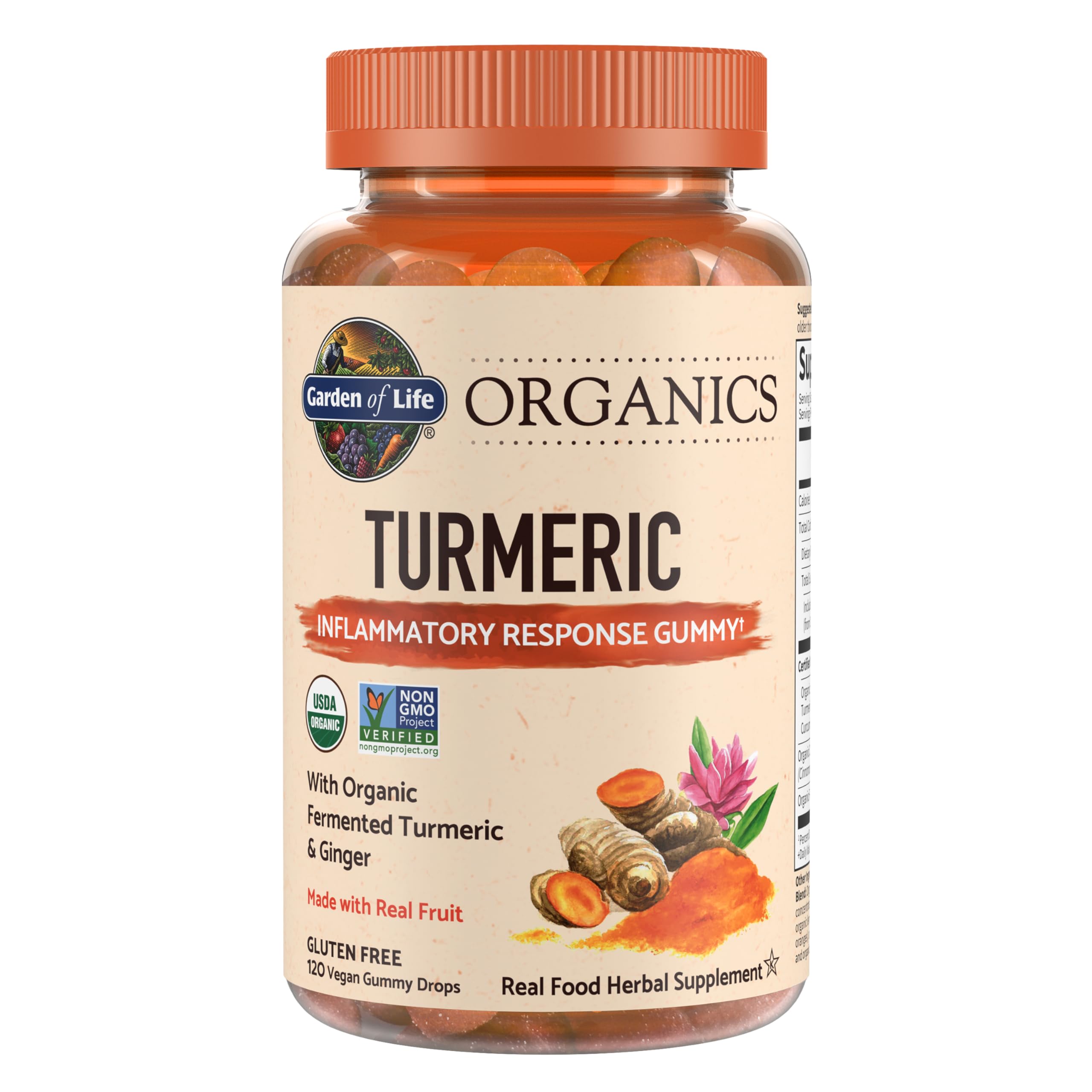 Garden of Life Organics Turmeric Gummy bottle on shelf supports daily wellness with real fruit