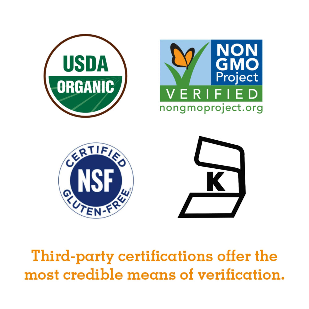 USDA Organic, Non-GMO, gluten-free and vegan certifications visible on label