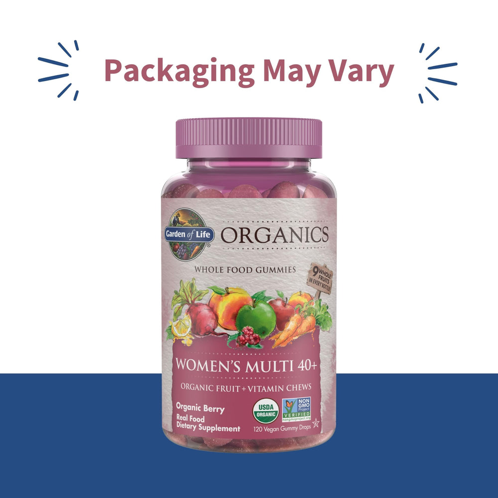 Garden of Life Organics Women 40+ Gummies pack, organic whole-fruit nutrition on the go.
