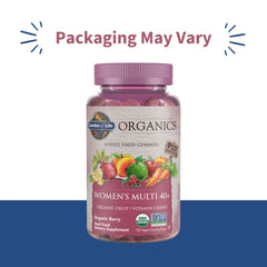 Garden of Life Organics Women 40+ Gummies pack, organic whole-fruit nutrition on the go.