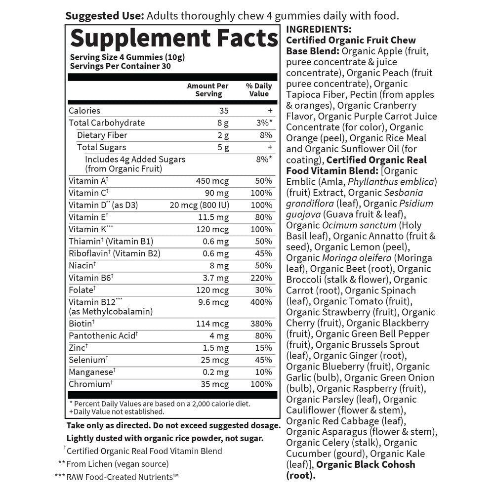 Vegan, kosher, gluten-free Garden of Life Organics Women 40+ Gummies on display.