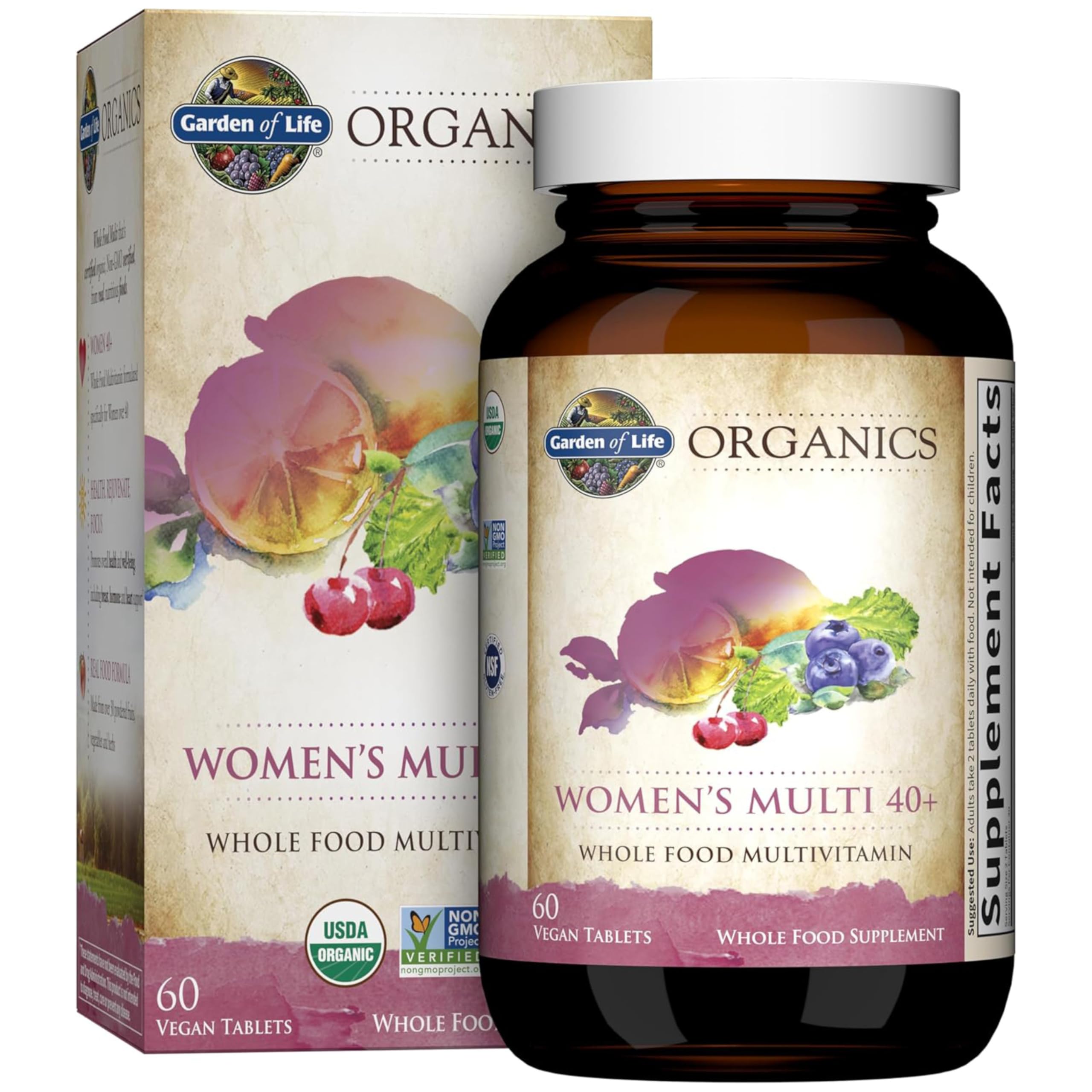 Garden of Life Organics Women 40+ multivitamin bottle for energy and metabolism support.