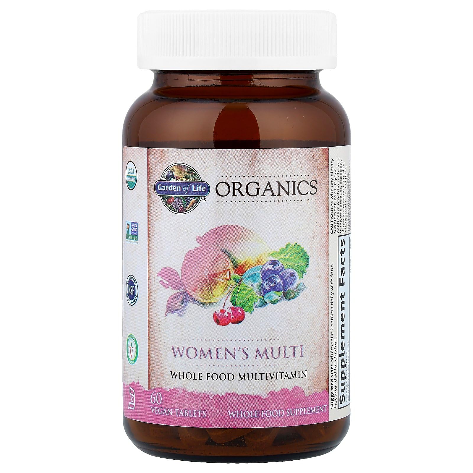 Garden of Life Organics Women's Multi label closeup highlighting organic ingredients and vegan certification.