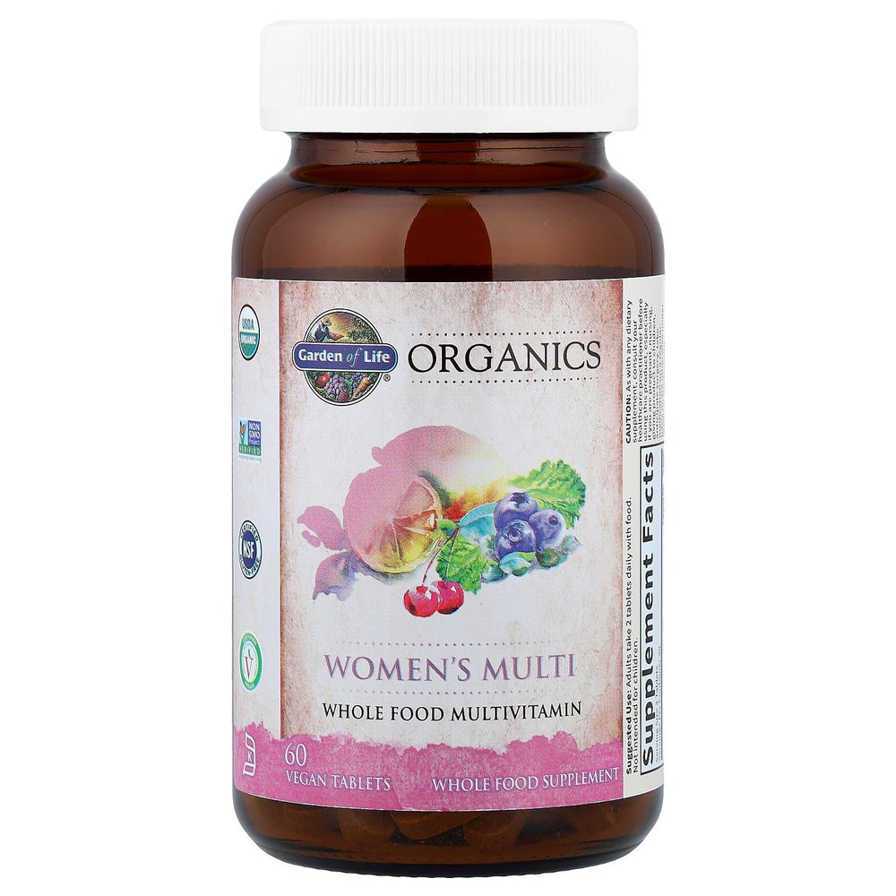 Garden of Life Organics Women's Multi label closeup highlighting organic ingredients and vegan certification.