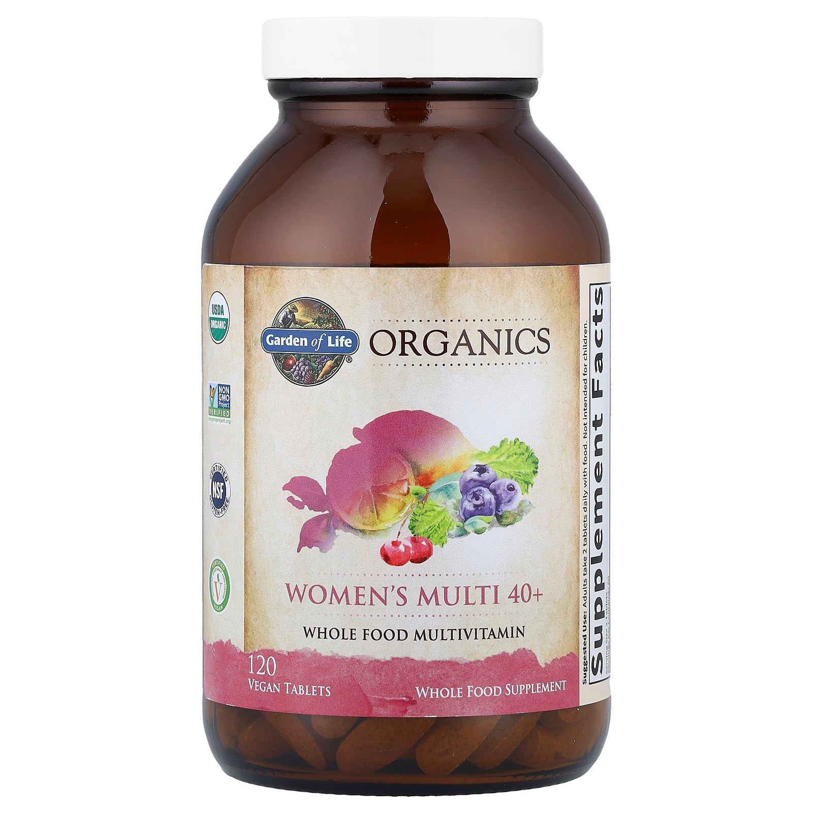 Garden of Life Organics Women 40+ tablets image shows 120 vegan capsules for daily use