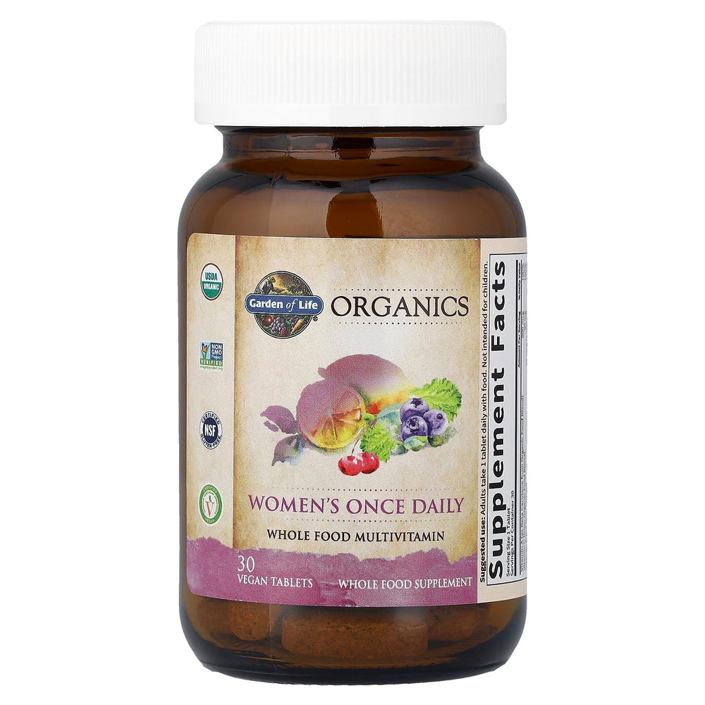 Garden of Life Organics Women’s Multivitamin label closeup highlights B vitamins and iron