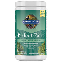 Garden of Life Perfect Food bottle showing 45 superfoods for daily nutrition.