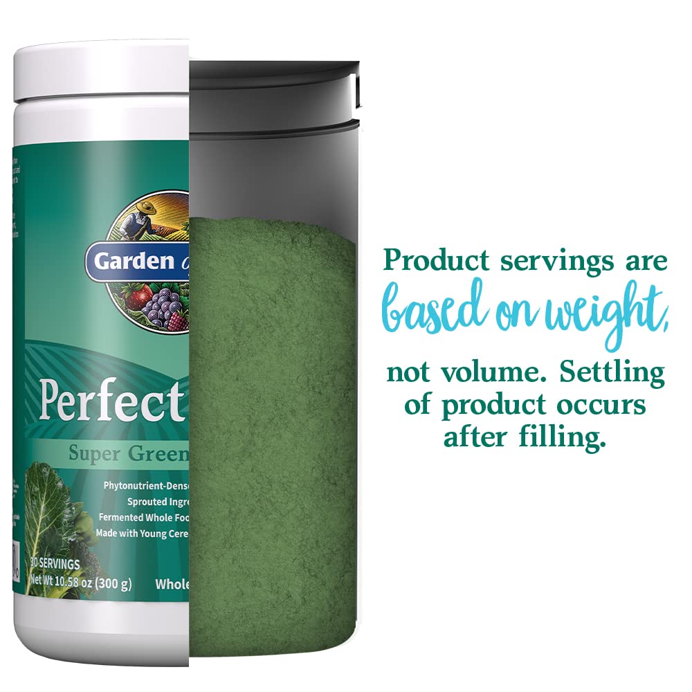 Garden of Life Perfect Food spirulina powder emphasizes antioxidant-rich greens.