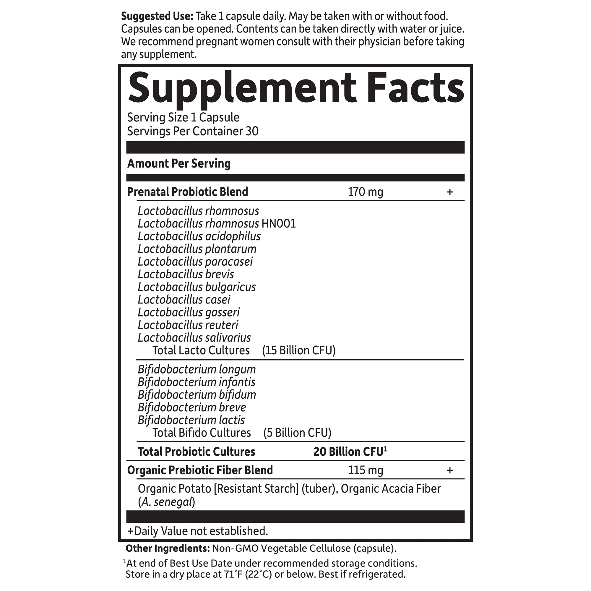 Garden of Life prenatal probiotic label emphasizing gluten-free, dairy-free, and soy-free claims.