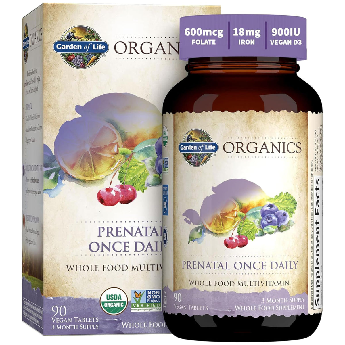 Garden of Life Prenatal bottle label showing organic and vegan status.