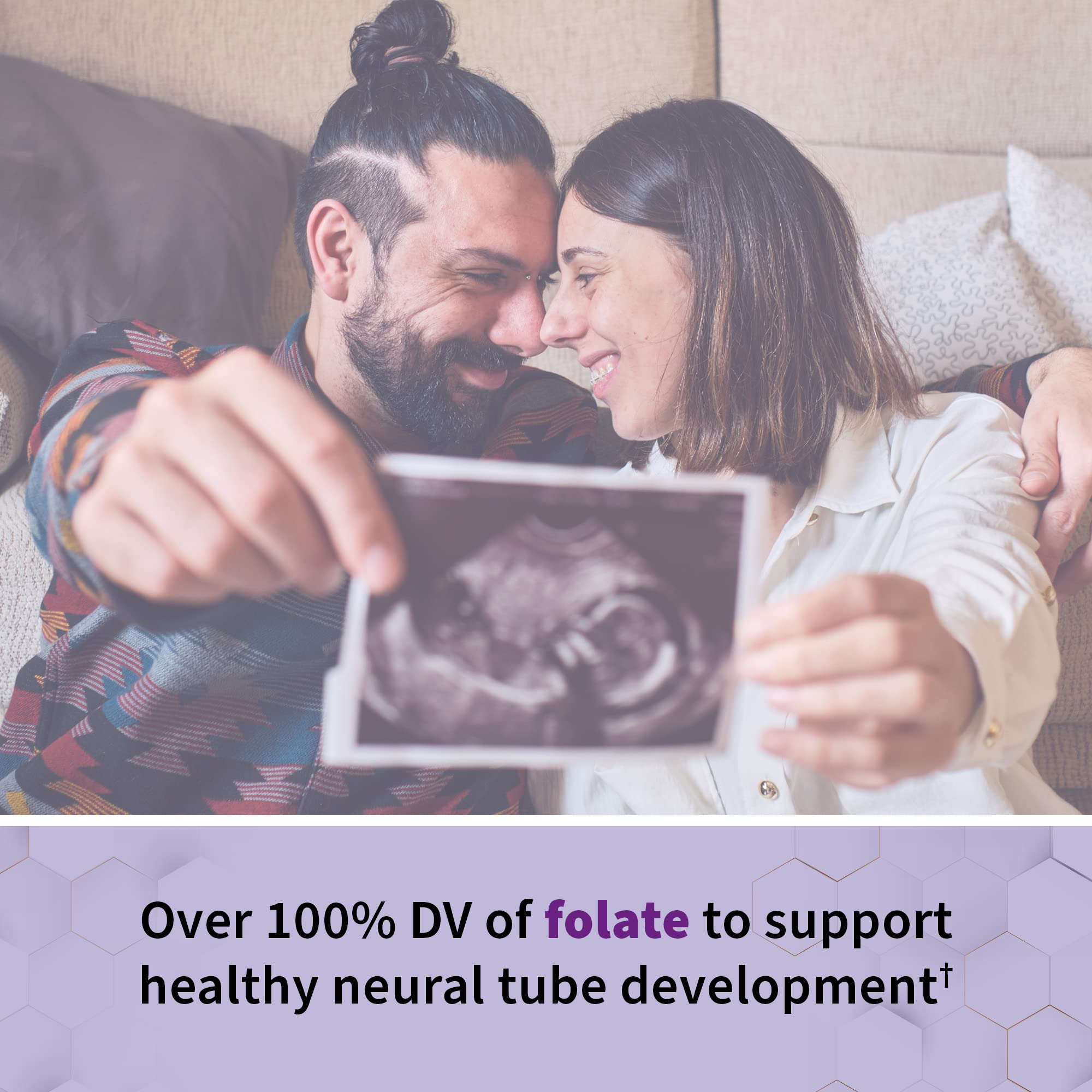 Garden of Life prenatal with fruits and vegetables imagery emphasizing plant-based nutrition.