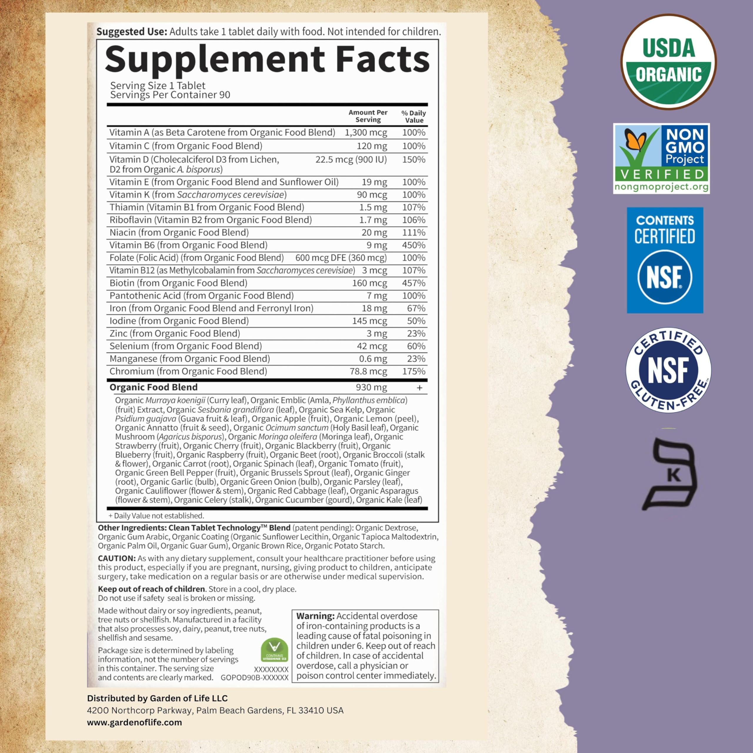 Gluten-free stamp and certification on Garden of Life Prenatal packaging.