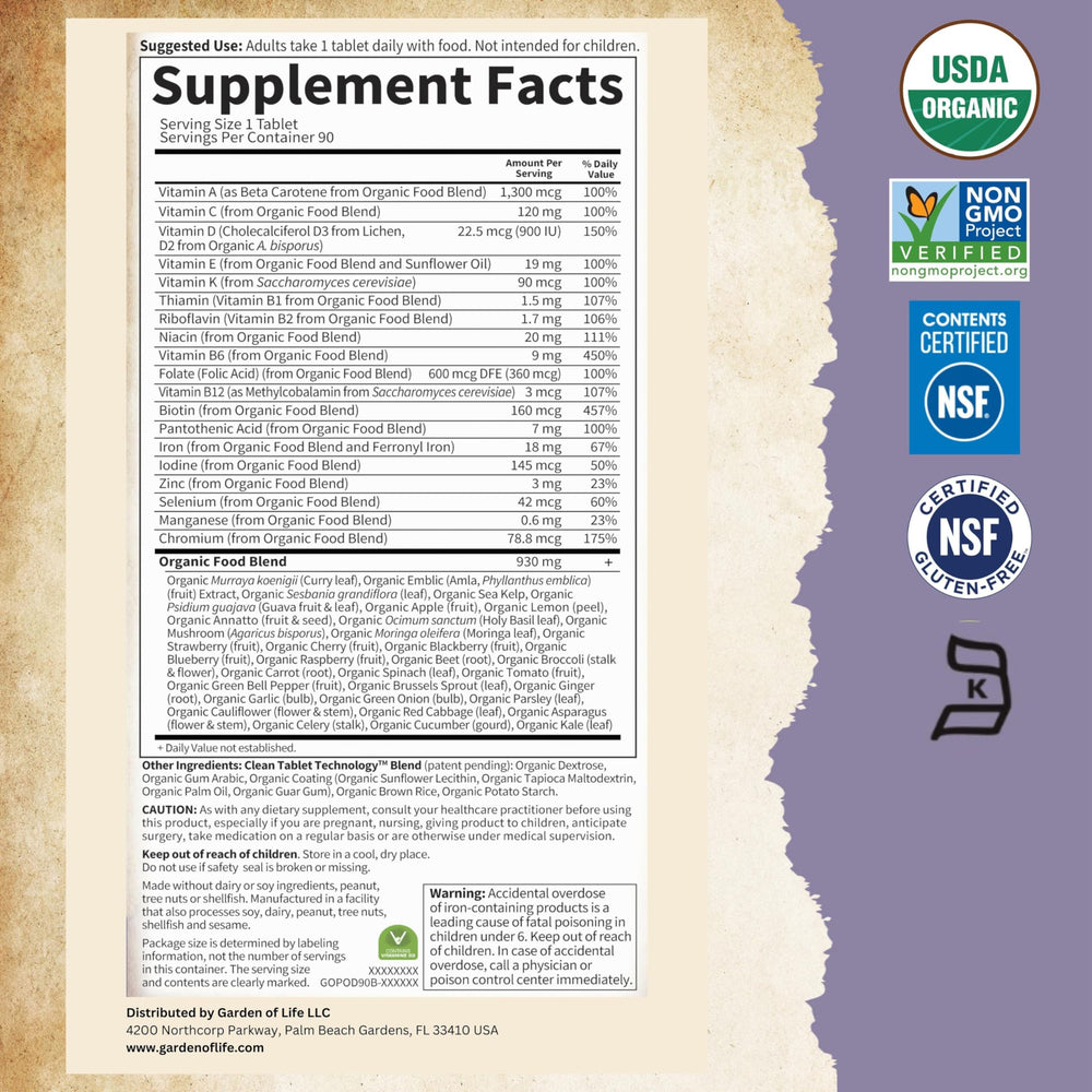 Gluten-free stamp and certification on Garden of Life Prenatal packaging.