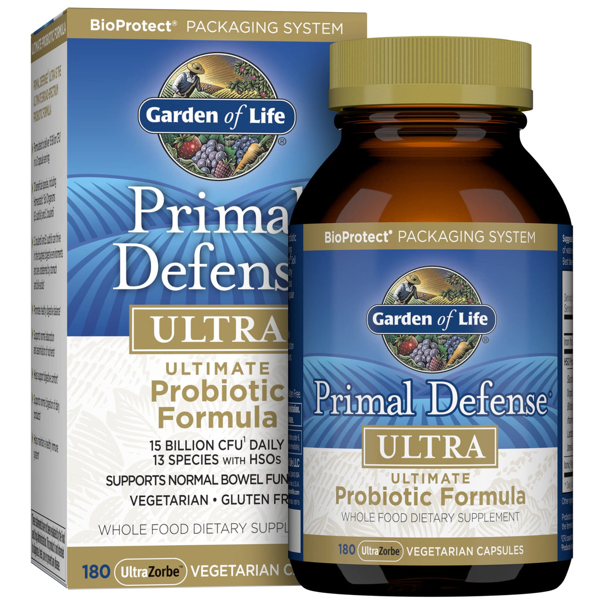 Garden of Life Primal Defense Ultra bottle front view for digestive support on the go
