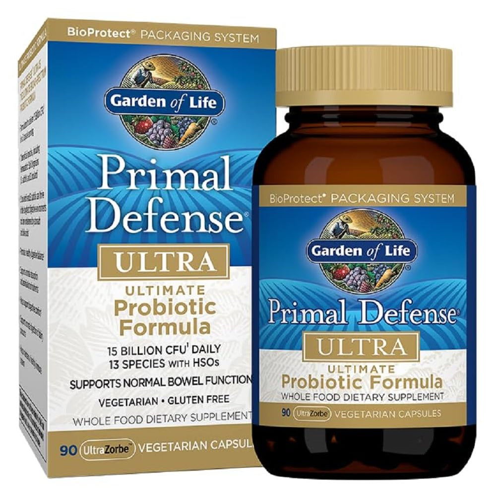 Garden of Life Primal Defense Ultra bottle front showing label; supports gut balance.