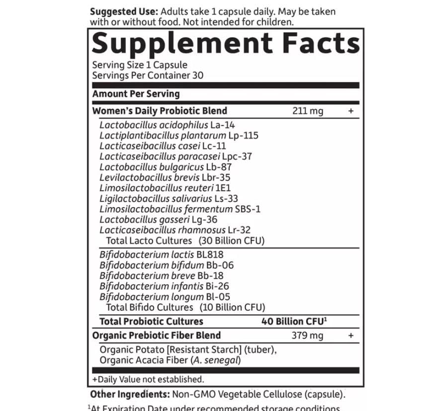Garden of Life probiotic strains including L. acidophilus for digestive balance.