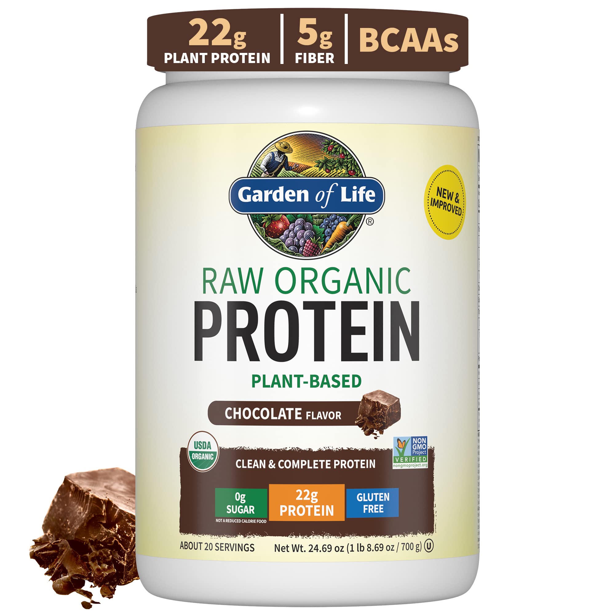 Garden of Life chocolate protein powder scoop showing 22g plant protein per serving