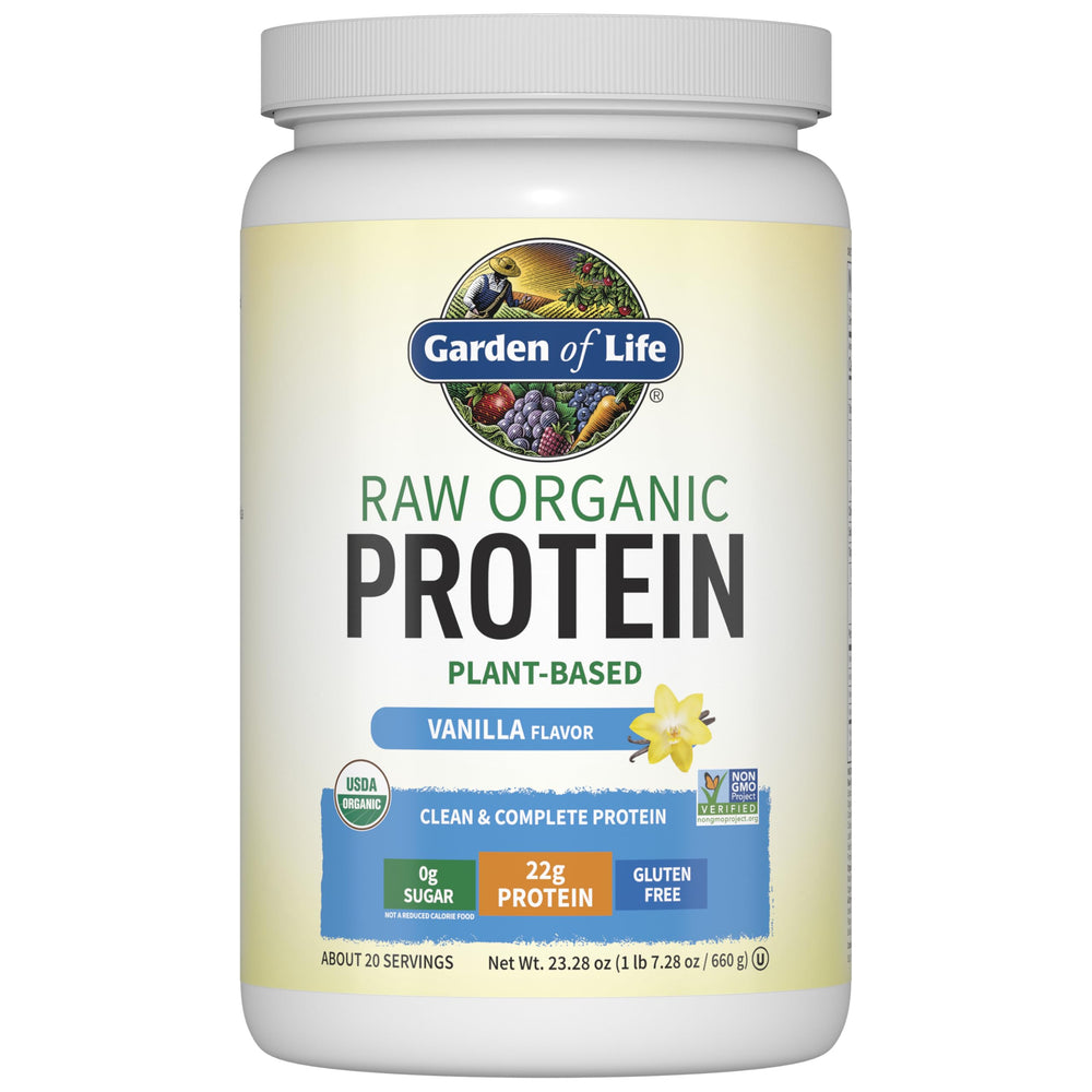Garden of Life vanilla vegan protein powder tub for a high-protein shake.