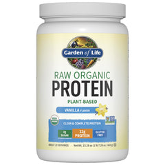 Garden of Life vanilla vegan protein powder tub for a high-protein shake.
