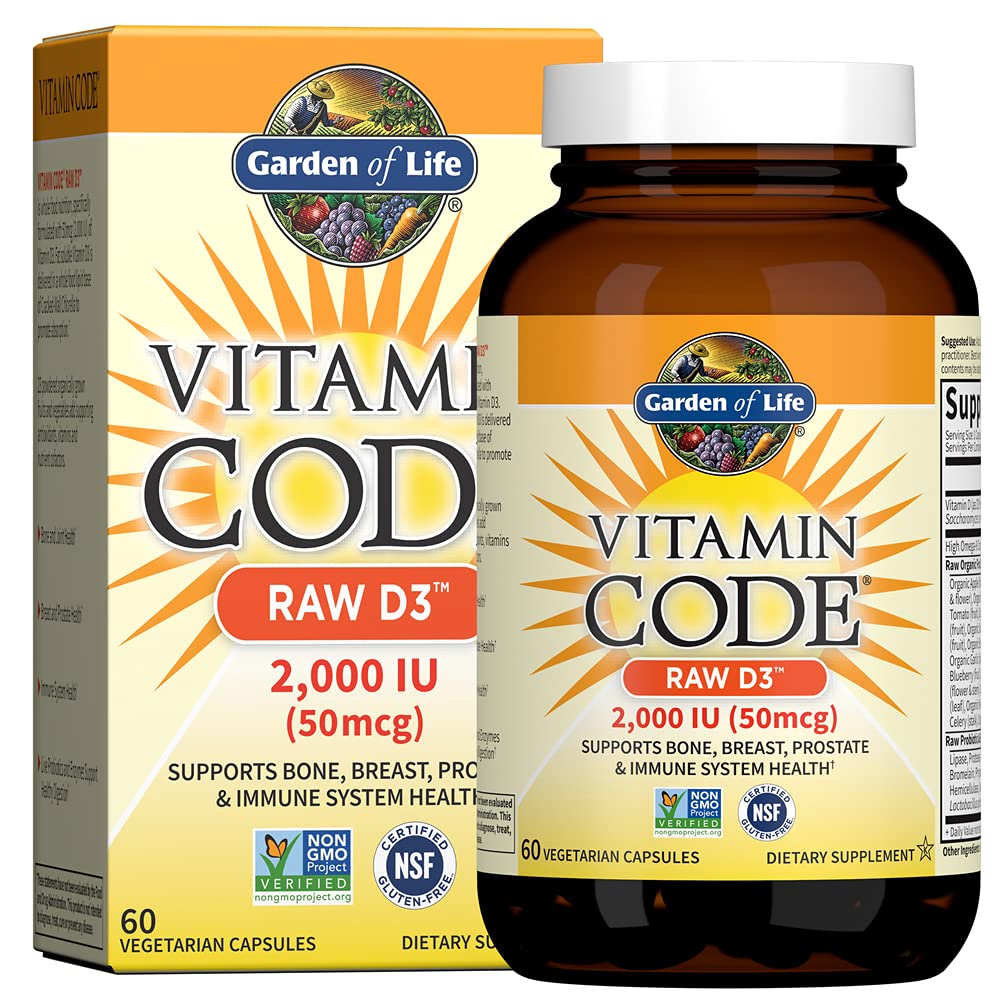 Garden of Life Raw D3 bottle front, highlighting 2000 IU vitamin D3 support for immune health.
